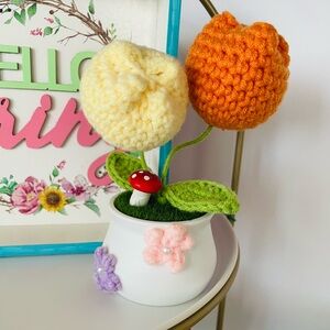 Hand Crafted Crochet Tulip Duo in Orange and Cream